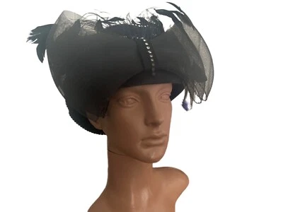 Vtg BULLMAN HAT CO Womens Hat Doeskin BLACK w/ Feathers Jewels Church Fancy Wool - Image 1 of 4