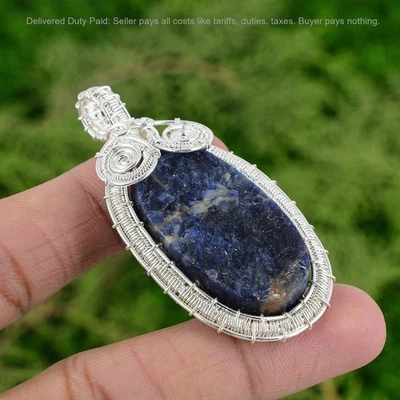 Thanks Giving Day Sale 925 Silver Natural Sodalite Rough Wire Wrap Boho Pendant - Image 1 of 4