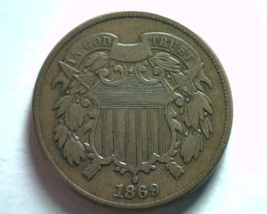1869 TWO CENT PIECE FINE+ F+ NICE ORIGINAL COIN FROM BOBS COINS FAST SHIPMENT - Picture 1 of 2