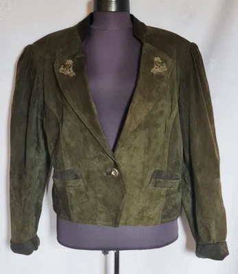 JACKET VINTAGE TRACHTEN OKTOBERFEST DIRNDL LEATHER GREEN WOMEN COAT:US 18/EU 46 - Image 1 of 4
