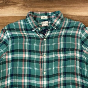J Crew Mens Slim Medium Green Plaid Double Flannel Button Down Long Sleeve Shirt - Picture 1 of 10