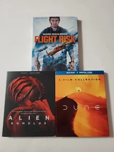 3 BLU-RAY MOVIE LOT, FLIGHT RISK + ALIEN ROMULUS + DUNE, 2-FILM COLLECTION, - Foto 1 di 2