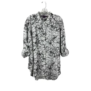 GLORIA VANDERBILT Top XL Amanda Roll-Tab Button-up Shirt White Black Floral - Picture 1 of 9