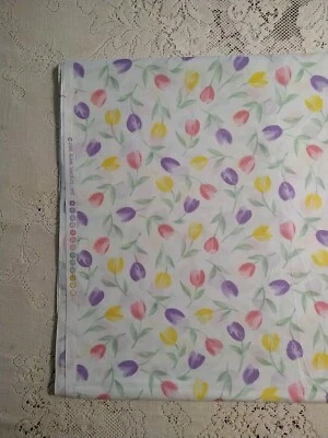 Pastel Pink Purple Yellow Tulips on White Blank Textiles QUILT Fabric BTHY 18x44 - Image 1 of 4