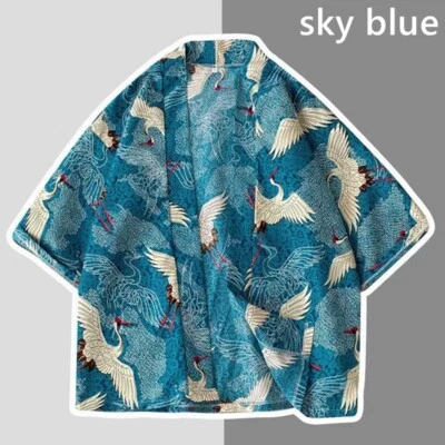 Men's Japanese Cardigan Coats Crane Printed Kimono Yukata Jacket 3/4 Sleeve - Image 1 of 4
