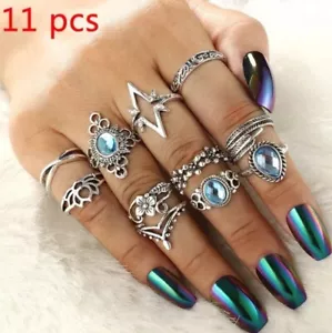 11 Pcs/set Silver Midi Finger Ring Set Vintage Punk Boho Knuckle Rings Jewelry - Picture 1 of 3