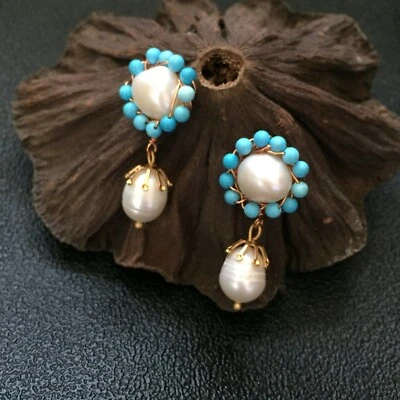 D13 Ohrringe Blüte aus Perlen und Türkis Stecker aus Silber 925 - Bild 1 von 3