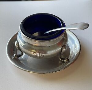 Antique English Cobalt Glass Lined Sterling Silver Salt Cellars Spoon With Tray