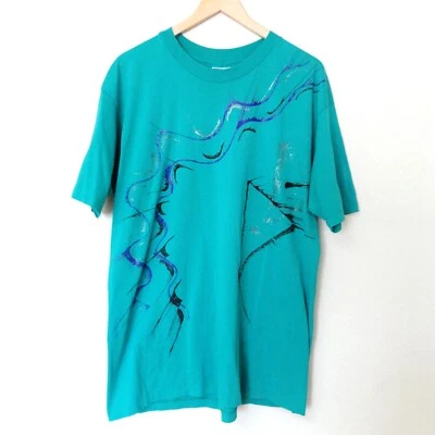 Camiseta vintage de los años 80 turquesa púrpura negro plata brillo pintura salpicaduras para hombre XL Foto 1 de 4