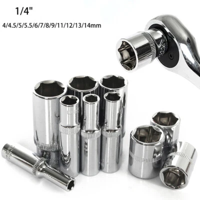 1/4" Socket Deep Drive 4mm-14mm Ratchet Deep Hex Sockets Cr-v Steel Long Reach - Image 1 of 4