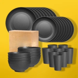 32 Piece Wheat Straw Dinnerware Set for 8 Unbreakable Plates Bowls Cups Black - Picture 1 of 5