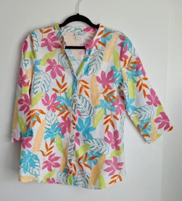 Top de lino Florida antigua con estampado tropical de algodón manga 3/4 talla M en muy buen estado Foto 1 de 4