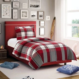 Red Green White Plaid Checkered 2pc Quilt Set Twin Size Coverlet Holiday Bedding - Picture 1 of 4