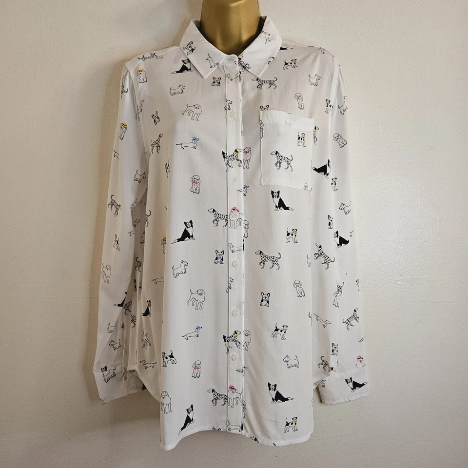 NEW Debenhams 10-14 Ivory White Black Puppy Dog Printed Blouse Shirt Top - Image 1 of 4