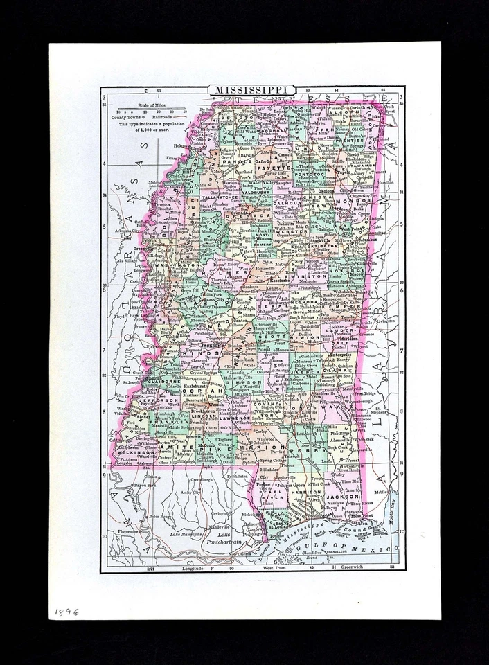 Mapa Johnson 1896 - Mississippi - Jackson Biloxi Natchez Vicksburg Oxford MS Foto 1 de 1