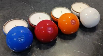 Lot of 4 MINE DESIGN 8 oz Soy Candles in Tin Balls Berry~Fig~Coconut~Persimmon - Image 1 of 4