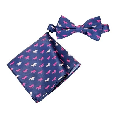 Mens Satin NAVY Blue Pink Horses BOWTIE Pocket Square Pre-Tied Bow Tie - Image 1 of 4