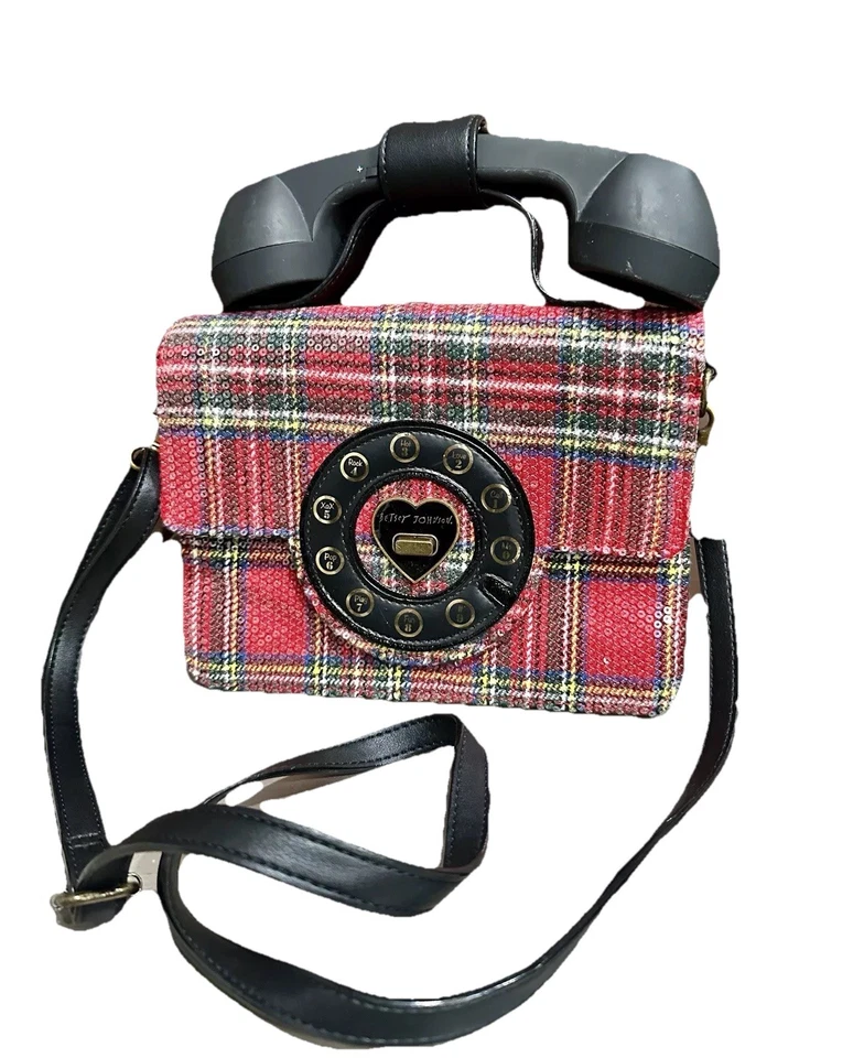 Bolso Cartera Teléfono Betsey Johnson Answer Me a Cuadros Inalámbrico Raro Bandolera Foto 1 de 4