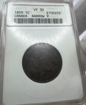 Canada 1859 1c One Large Cent Queen Victoria ANACS SOAPBOX HOLDER VF 30 Narrow 9 - Image 1 of 4