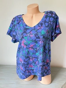Escape Top Womens Large Blue Floral V Neck Cotton T Shirt Peru Slub Knit Luxe - Picture 1 of 8