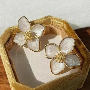 Vintage Hibiscus Glaze Flower Stud Earrings – Romantic Korean Wedding Jewelry - Picture 1 of 27