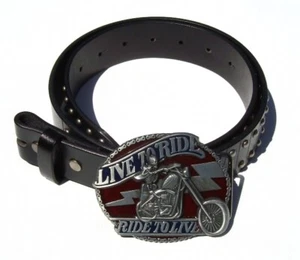 Biker Live to Ride Removable Belt Buckle & Solid Black Studded Leather Belt - Picture 1 of 3