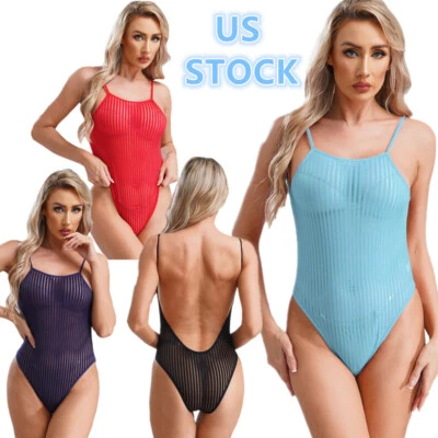 Body Leotardo para mujer transparente a rayas de una pieza con correas de espagueti sin espalda Foto 1 de 4