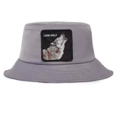 Goorin Bros - S/M Flex Bucket 帽子 灰色 Lone Wolf Patch 农场街头服饰风格 全新 — 第 1/4 张图片