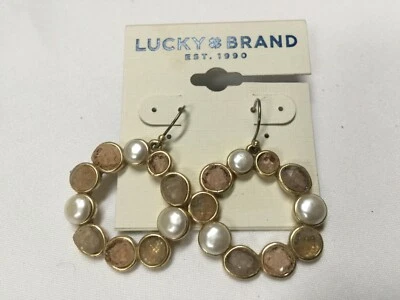 Lucky Brand Pearl Brown Opal Gems Round Dangle Gold Plated Earrings 1"3/4 LB117 - Image 1 of 3