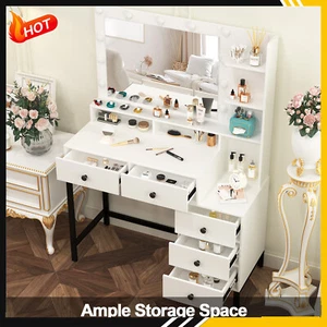 Modern Vanity Makeup Desk with 11 LED Lighted Mirror and 5 Drawers White Dresser - Picture 1 of 9