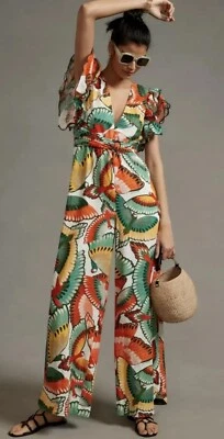 Anthropologie Farm Rio Jumpsuit Preppy Ruffle Linen Vacay Retro Boho Medium NWT - Image 1 of 4