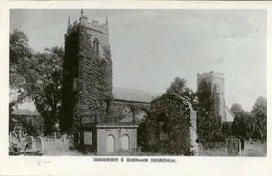 REAL PHOTO POSTCARD OF HACKFORD & REEPHAM CHURCHES, (NEAR NORWICH), NORFOLK 1 - Picture 1 of 2