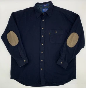Pendleton Trail Flannel Shirt Elbow Leather Patch Pocket 100% Wool Men L Blue - Picture 1 of 10
