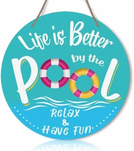 Life Is Better by the Pool Relax Have Fun round Rustic Wood Sign Plaque Vintage - Picture 1 of 5