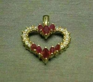 14K Yellow Gold Plated 2Ct Marquise Cut Lab Created Red Ruby Heart Shape Pendant - Picture 1 of 4