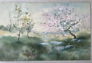 George Brodhead Antique Spring Meadow Floral Watercolor Painting on Board Signed