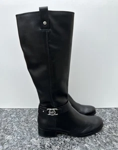Michael KORS CHARM ICONIC MK LOGO BLACK LEATHER RIDING BOOTS US 10 M - Picture 1 of 17