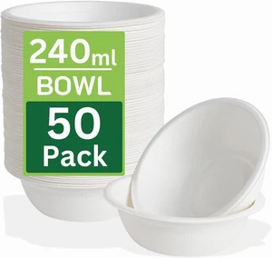 50 Pack Strong Paper Bowls – 240ml Small Disposable Compostable Bagasse - Picture 1 of 8