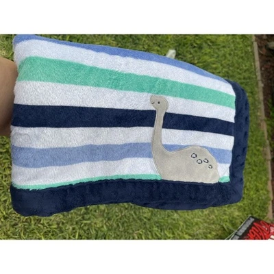 Carter Child of Mine Striped Dinosaur Blanket Blue Plush Minky Sherpa Dot Trim - Image 1 of 4