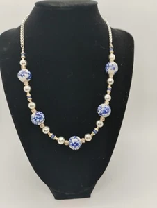 Brighton Silver Toned Chain W/Blue And White Ceramic & Silver Toned Beads 16-18" - Picture 1 of 5