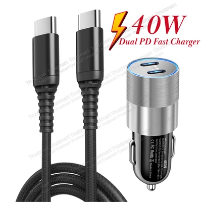 Adaptador carregador de carro duplo tipo C rápido 40W cabo USB C para iPhone 15 16 17 Samsung - Imagem 1 de 4