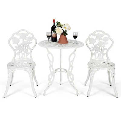 Patiojoy Outdoor 3PCS Cast Aluminum Patio Bistro Furniture Set Rose Design White - Image 1 of 4