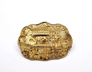 1930's Chinese Gilt Silver Repousse Brooch Pin Garden Scene Figure Figurine Mk - Picture 1 of 6