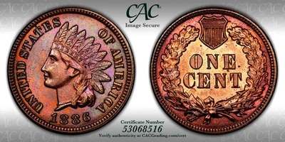 CACG MS-65 BN 1886 Type 1 Indian Head Cent, Richly Toned Gem w/ Lots of Red! - Image 1 of 3