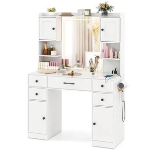 Makeup Vanity Desk with Lighted Mirror Charging Station 3-Color Dimmable LED - Picture 1 of 10
