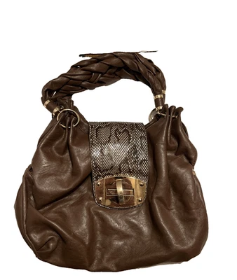 Charming Charlie Handbag Brown Faux Snakeskin Leather Tote Purse Braided Handles - Image 1 of 4