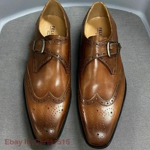 Men Real Leather Shoes Monk Strap Brogue Wedding Business Dress Oxfords Shoes - Picture 1 of 12