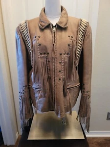 Womens Rustic Tribal Leather Fringed Motorcycle Jacket Size Large Sunriders - Picture 1 of 14