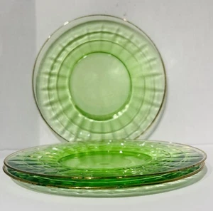 3 Rare Vintage Anchor Hockings Green Block Optic Gold Rim 8.5" Dia Dinner Plate  - Picture 1 of 3