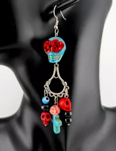 HOWLITE SKULL EARRINGS beaded cluster charm beaded Day of the Dead U4 - Picture 1 of 3